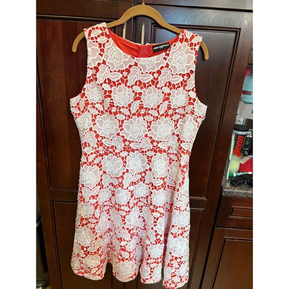 Karl Lagerfeld Dresses & Skirts - Karl Lagerfeld Coral Dress with White Lace Overlay Size 12